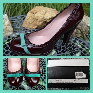 Marc Jacobs Shoes Size 10 Maroon w Block Heels 4.5” Aqua Green Bow Orig385 Italy